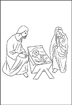 Ausmalbild mit Maria, Josef und dem Christkind